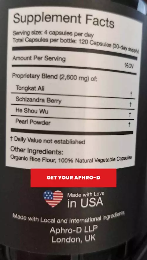 This image depicts the Aphro-D bottle’s etiquette