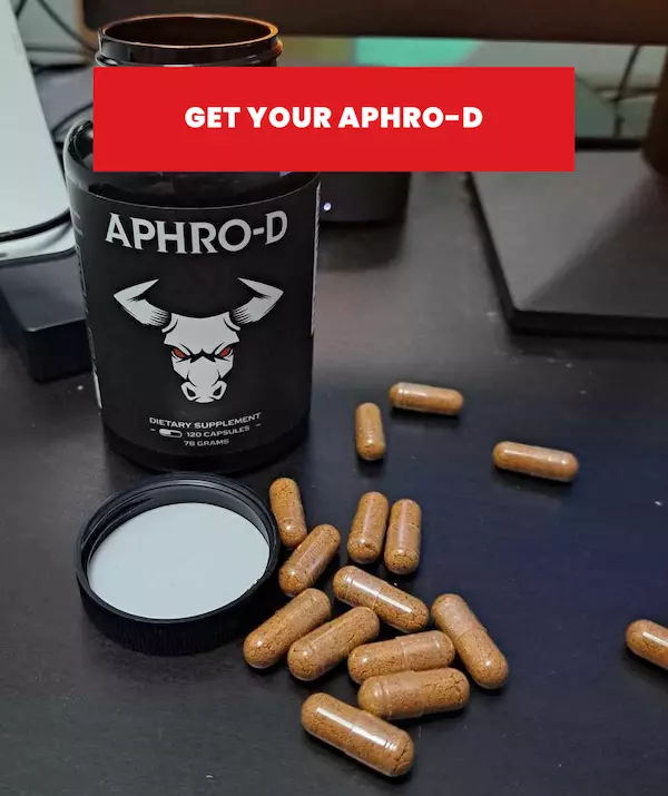 This image depicts the author’s Aphro-D bottle opened, and a couple of pills spilled on the desk. Also, we see a button-like super laid on top and written on it: