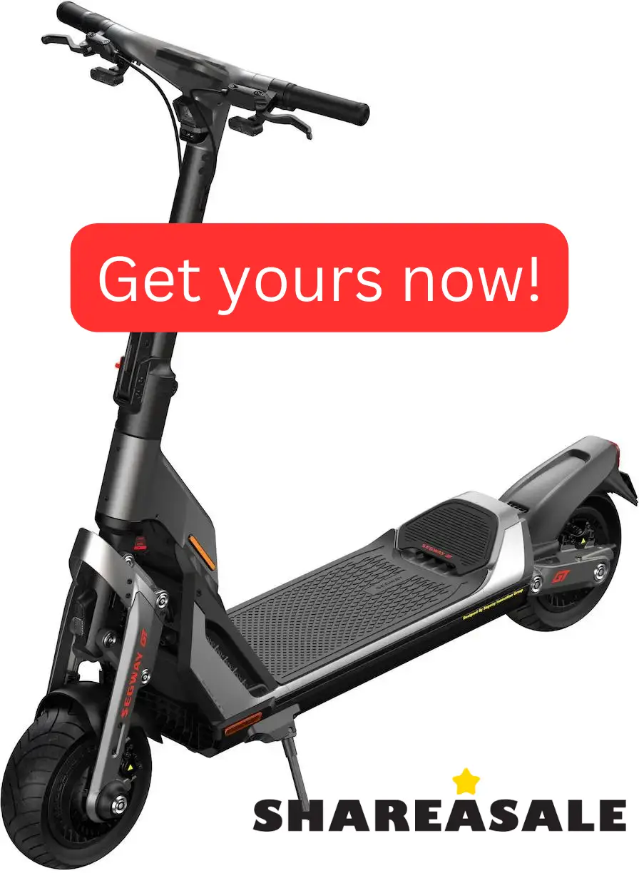 We see an image that depicts an electric scooter, i.e. the Segway SuperScooter GT1. A button-styled box is on the image. On it is written,