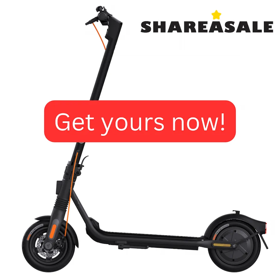 We see an image that depicts an electric scooter, i.e. the Ninebot Kickscooter F2 Pro. A button-styled box is on the image. On it is written,