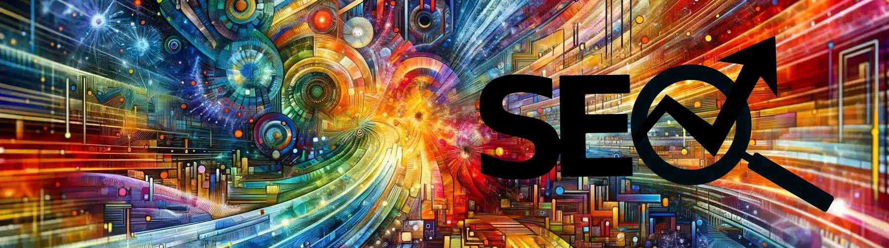 Image with a vibrant and colourful abstract representation. This version focuses on colourful patterns to capture the concept in a more positive and artistic light. SEO text is in the foreground in a logo-like style.