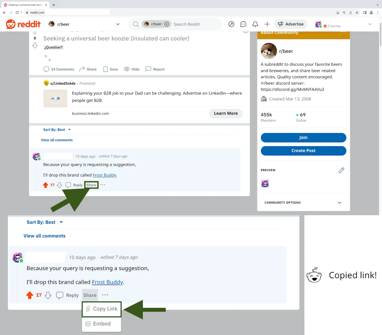 Screenshots of webpages showing where to find a comment's link on Reddit