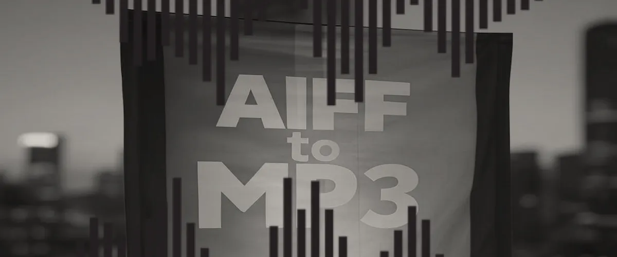 An image of a flag with the text 'AIFF to MP3' written on it, hanging near a window. In the foreground, audio bars symbolize sound or noise.