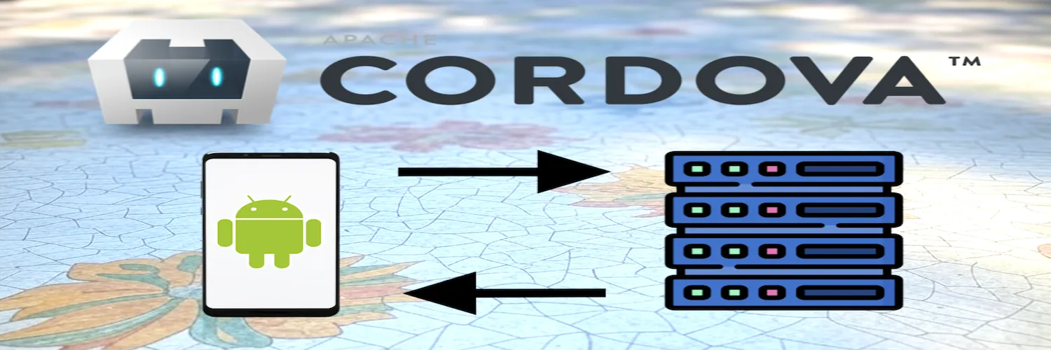 Apache Cordova and Android platform logos with a server connection diagram, illustrating large file download and save for Android Cordova applications from a server.