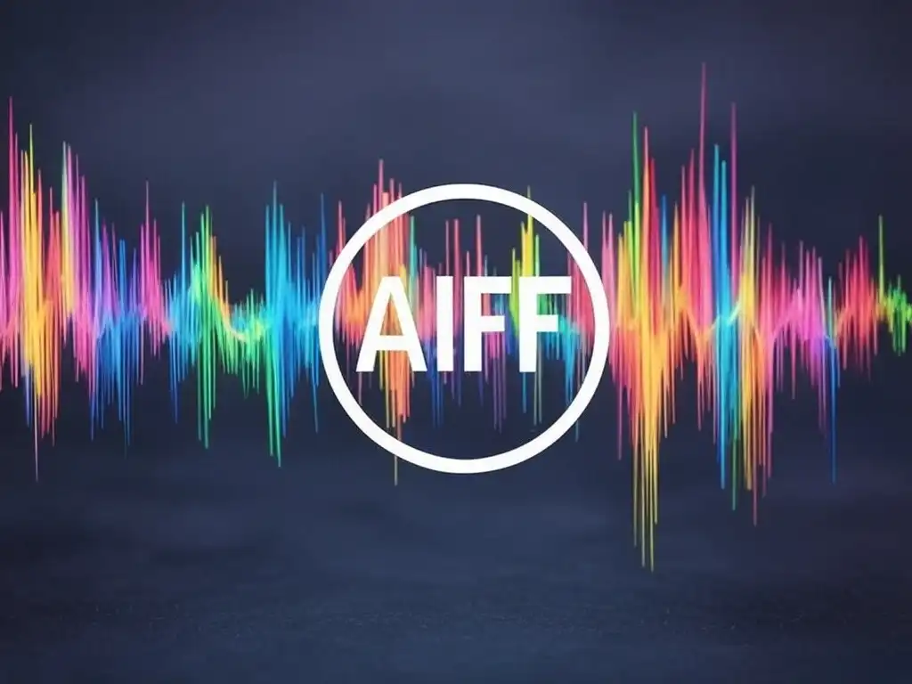 Visualisation d'une forme d'onde audio numérique avec le logo AIFF, représentant des fichiers audio non compressés de qualité professionnelle utilisés dans la production musicale.